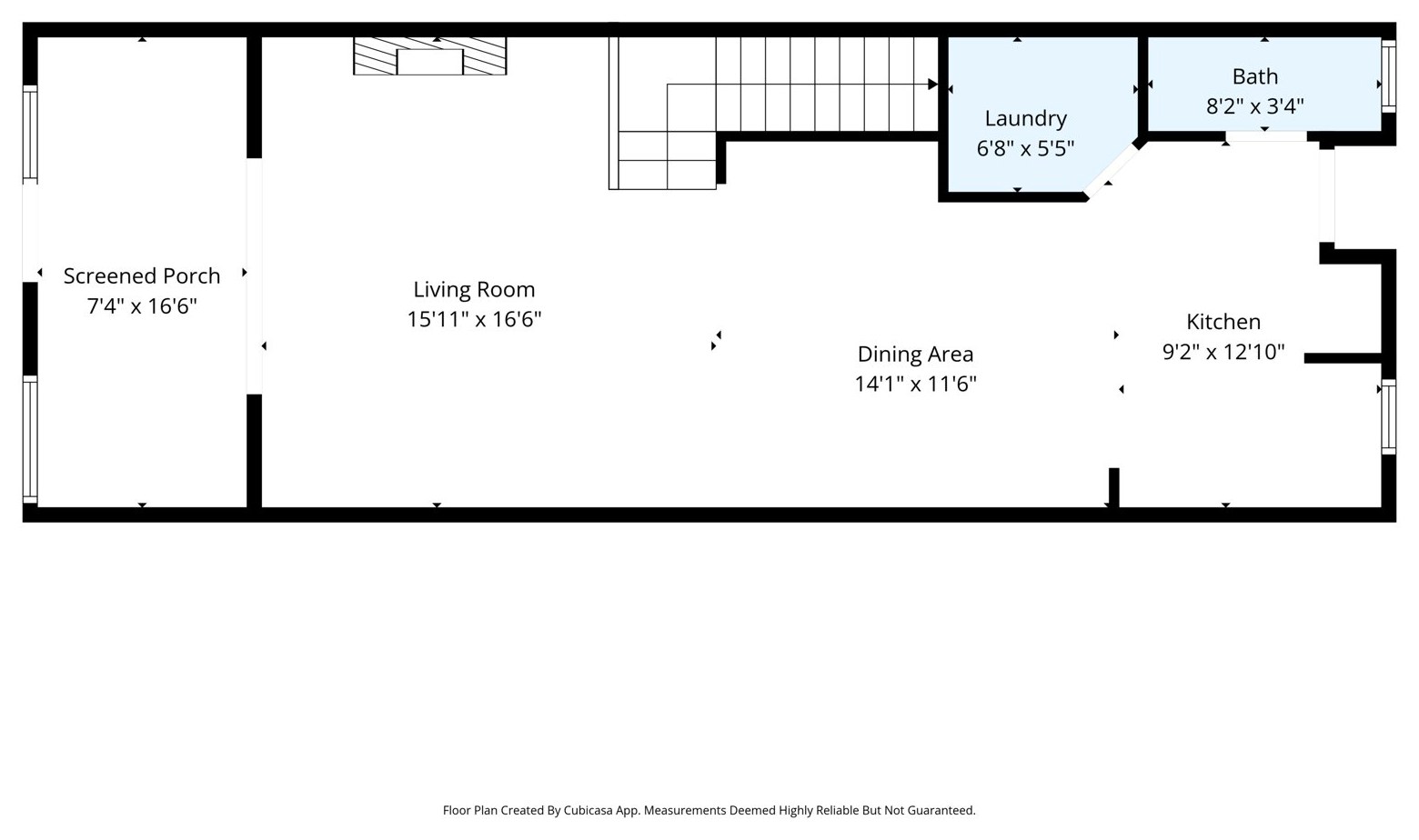 First floor plan: living room, dining area, kitchen, laundry, half bath and screened porch