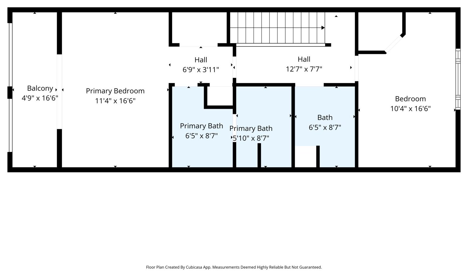 Second floor plan: primary bedroom with balcony and primary bath, second bedroom and full bath